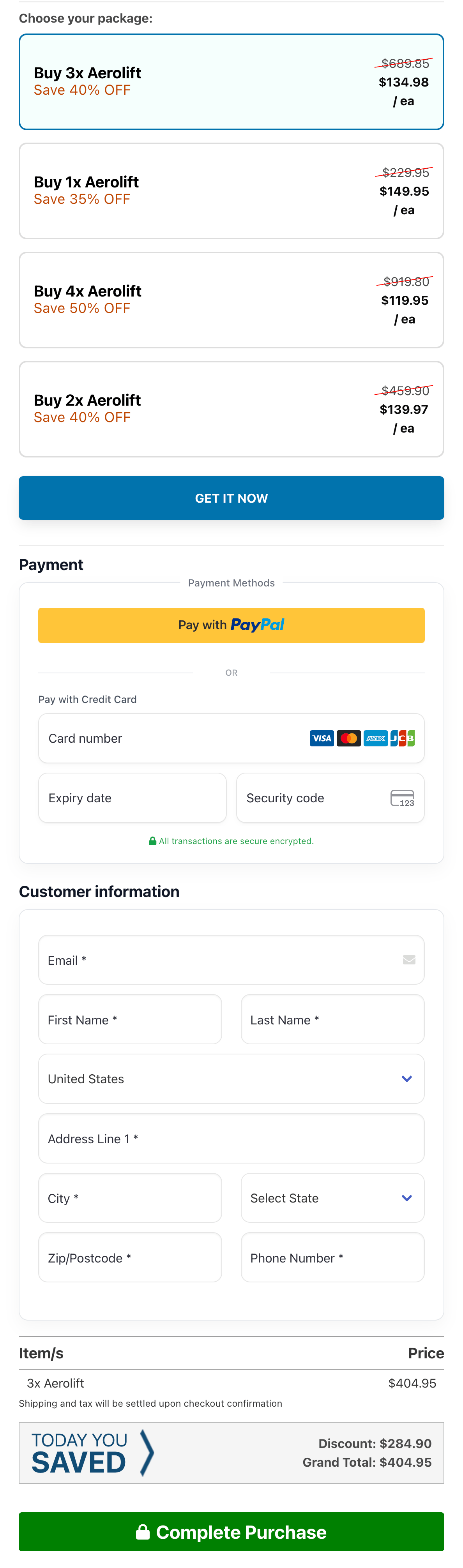 AeroLift checkout page